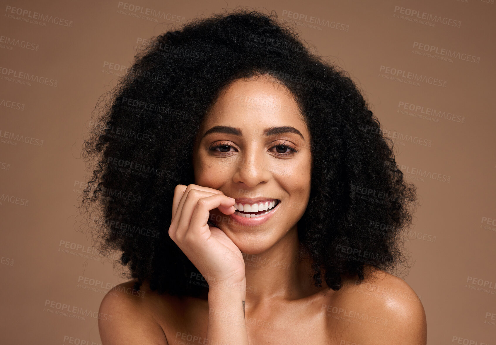 Buy stock photo Skincare, beauty and portrait of black woman in studio for wellness, healthy skin and spa aesthetic. Dermatology, makeup and hands on girl face for cosmetics, beauty products and facial treatment