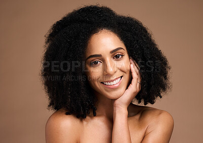 Buy stock photo Black woman, happiness portrait and skincare beauty afro hair care wellness, face glow and natural cosmetics dermatology in brown background studio. African model, smile and salon spa facial headshot