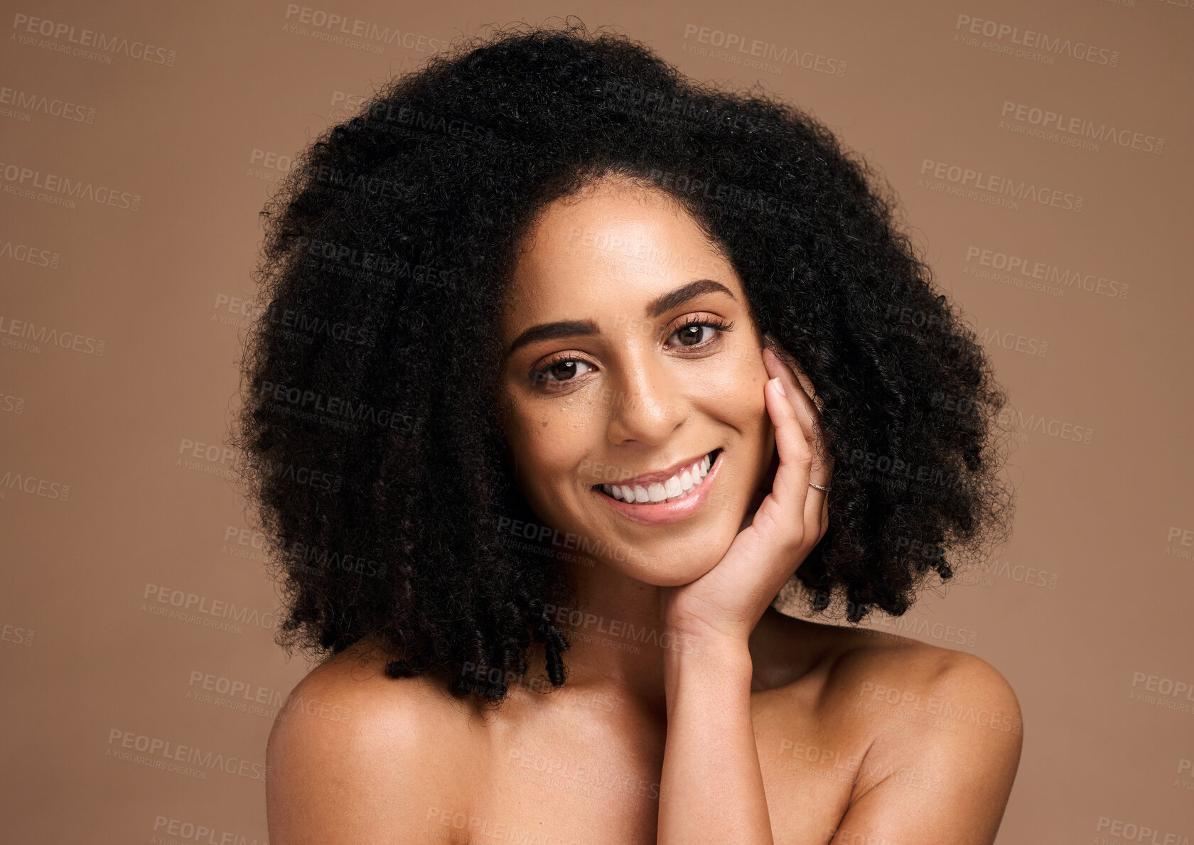 Buy stock photo Black woman, happiness portrait and skincare beauty afro hair care wellness, face glow and natural cosmetics dermatology in brown background studio. African model, smile and salon spa facial headshot