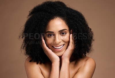Buy stock photo Beauty, skincare and product with portrait of black woman for facial, self care and luxury cosmetics. Spa, hair care and makeup with face of girl model for treatment, natural and wellness in studio