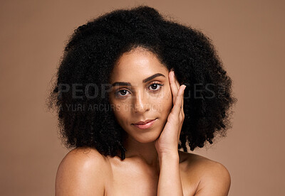 Buy stock photo Skincare, facial and portrait of black woman on brown background for wellness, healthy and glowing skin. Dermatology, makeup and hands on girl face for cosmetics, beauty products and facial treatment