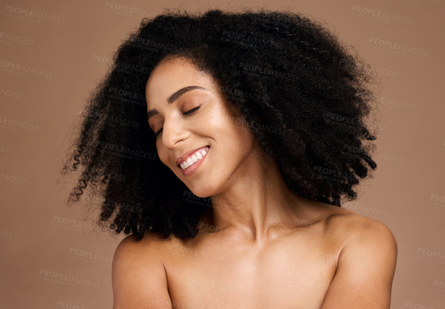 Buy stock photo Hair care, afro beauty and face of black woman with clean shampoo hair, healthy hair growth and happy with spa salon treatment. Wellness, trichology and model with skincare glow, makeup and cosmetics