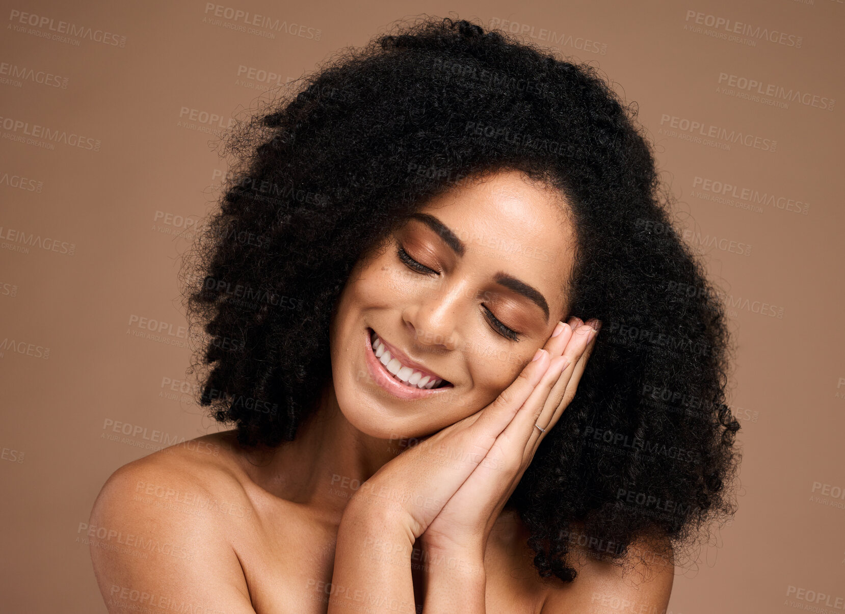 Buy stock photo Beauty, skincare and smile with face of black woman for skincare, glow and cosmetics. Facial, spa and relax with girl model for product, makeup and wellness dermatology in brown background studio