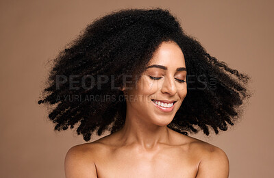 Buy stock photo Shake hair, afro and face of black woman with clean shampoo hair care, luxury skincare cosmetics and natural facial makeup. Spa salon, trichology and happy African model with aesthetic healthy hair
