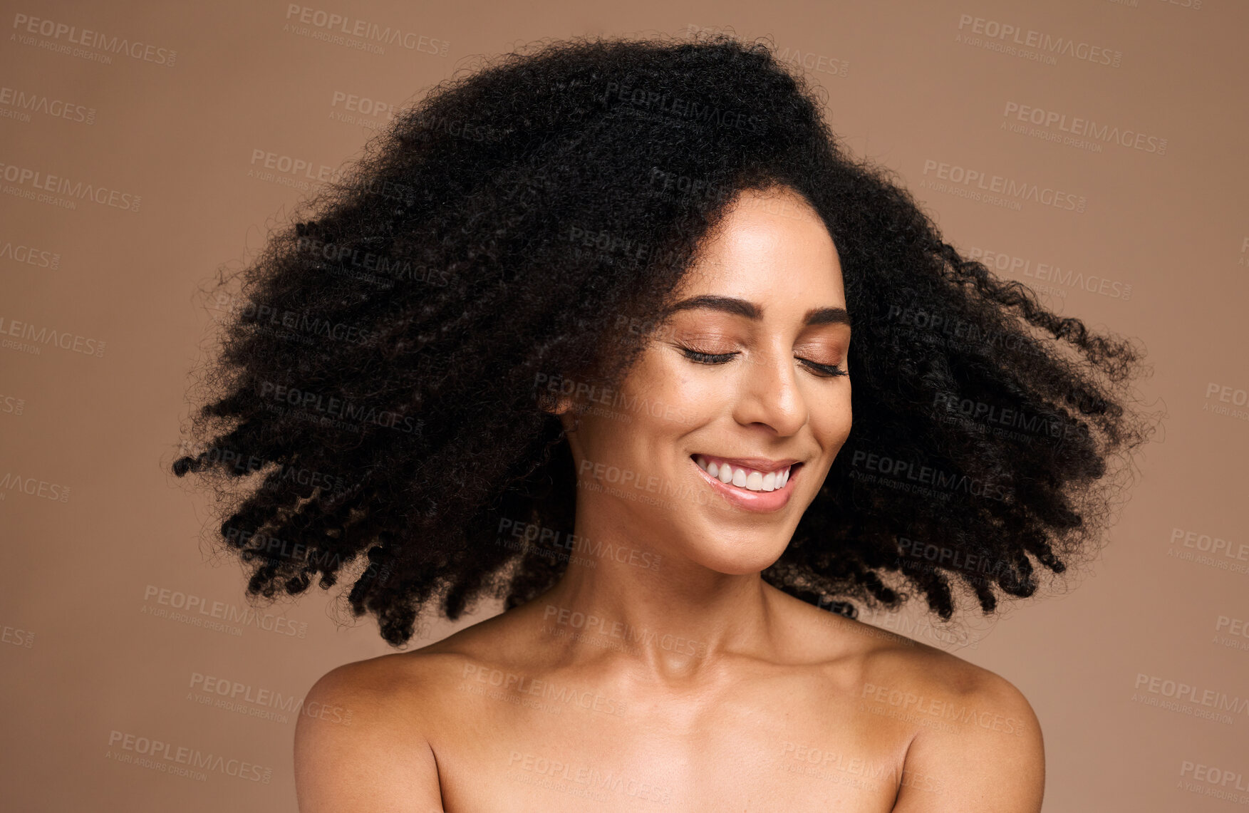 Buy stock photo Shake hair, afro and face of black woman with clean shampoo hair care, luxury skincare cosmetics and natural facial makeup. Spa salon, trichology and happy African model with aesthetic healthy hair