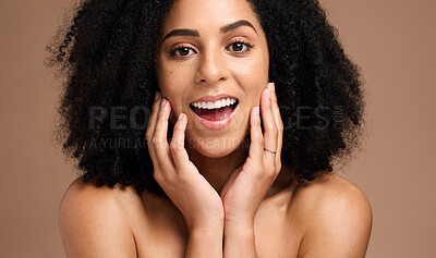 Buy stock photo Face portrait, surprise and skincare of black woman in studio isolated on a brown background. Makeup cosmetics, wow and female model shocked at transformation after spa facial treatment for beauty.