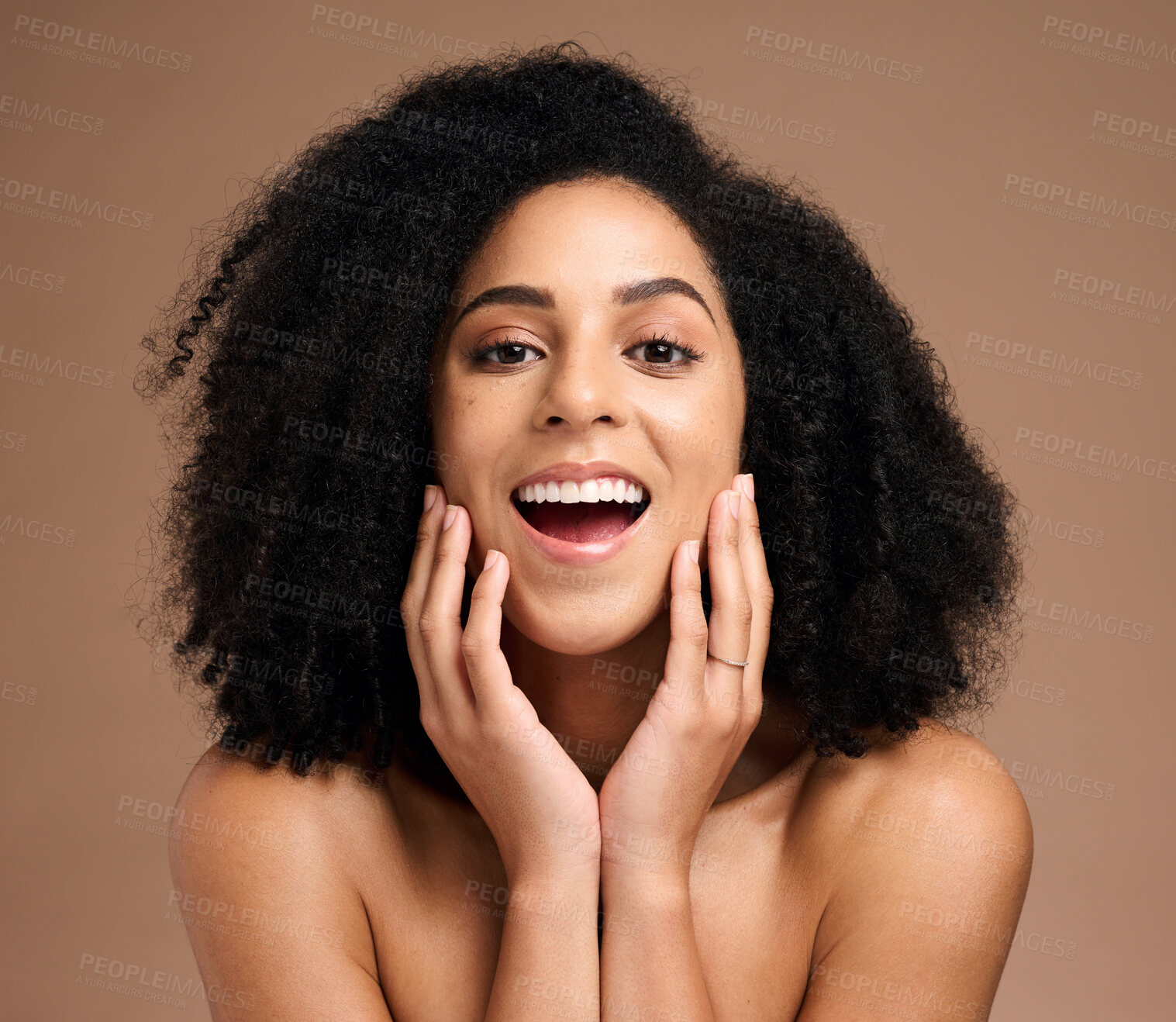 Buy stock photo Face portrait, skincare and surprise of black woman in studio isolated on a brown background. Makeup cosmetics, wow and happy female model shocked at facial transformation after spa skin treatment.