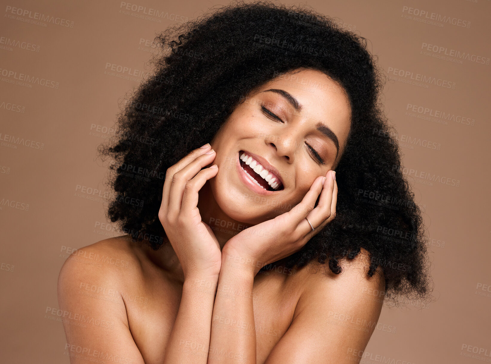Buy stock photo Skincare, beauty and portrait of black woman on brown background for wellness, healthy and glowing skin. Dermatology, makeup and hands on girl face for cosmetics, beauty products and facial treatment