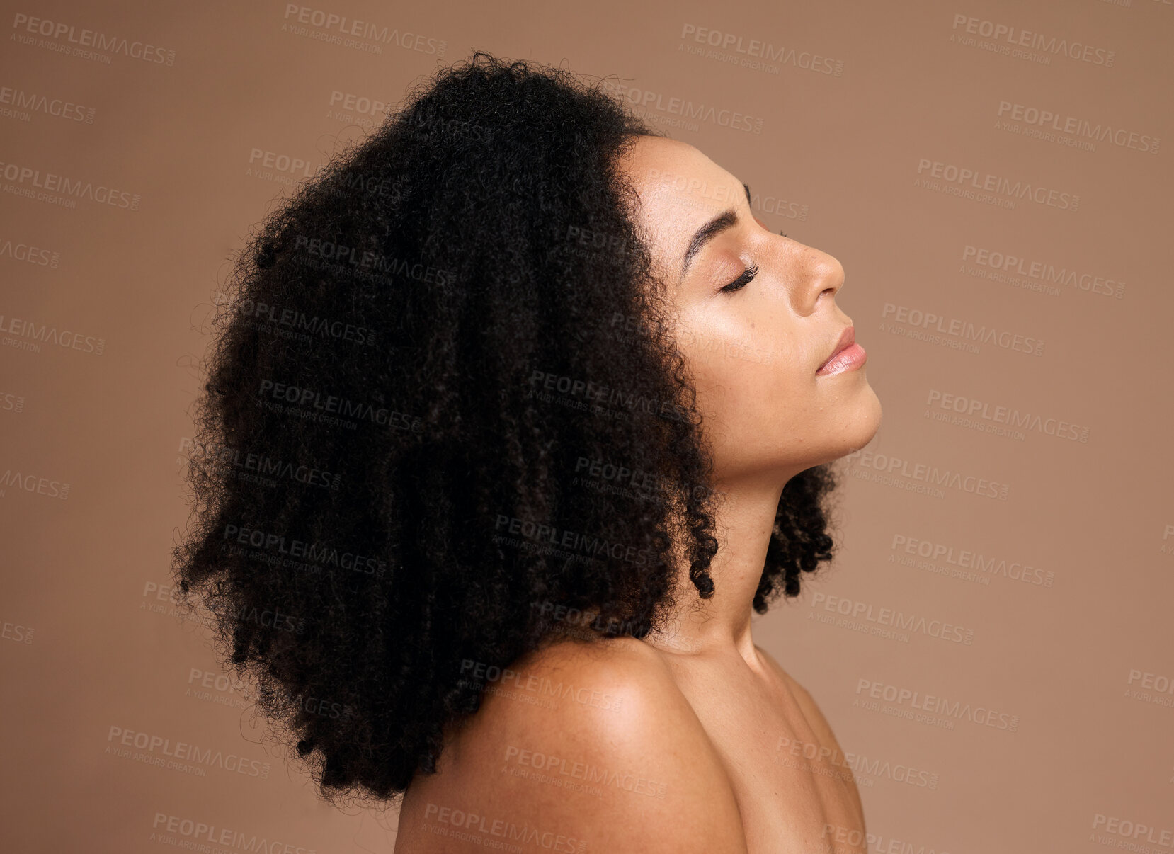 Buy stock photo Hair care, afro and face profile of black woman with clean shampoo hair, skincare glow and relax on background. Wellness, spa salon and African model with makeup, cosmetics and healthy hair growth