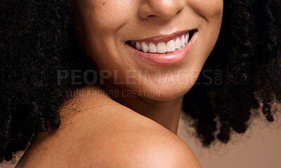 Buy stock photo Face beauty, dental and teeth of black woman in studio isolated on a brown background. Skincare, makeup and cosmetics of happy female model with veneers, teeth whitening and invisalign for wellness.