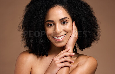 Portrait, hair and black woman with beauty and face, skincare with microblading, smile and teeth whitening against studio background. Healthy skin, glow and natural curly hair, hand and cosmetic care