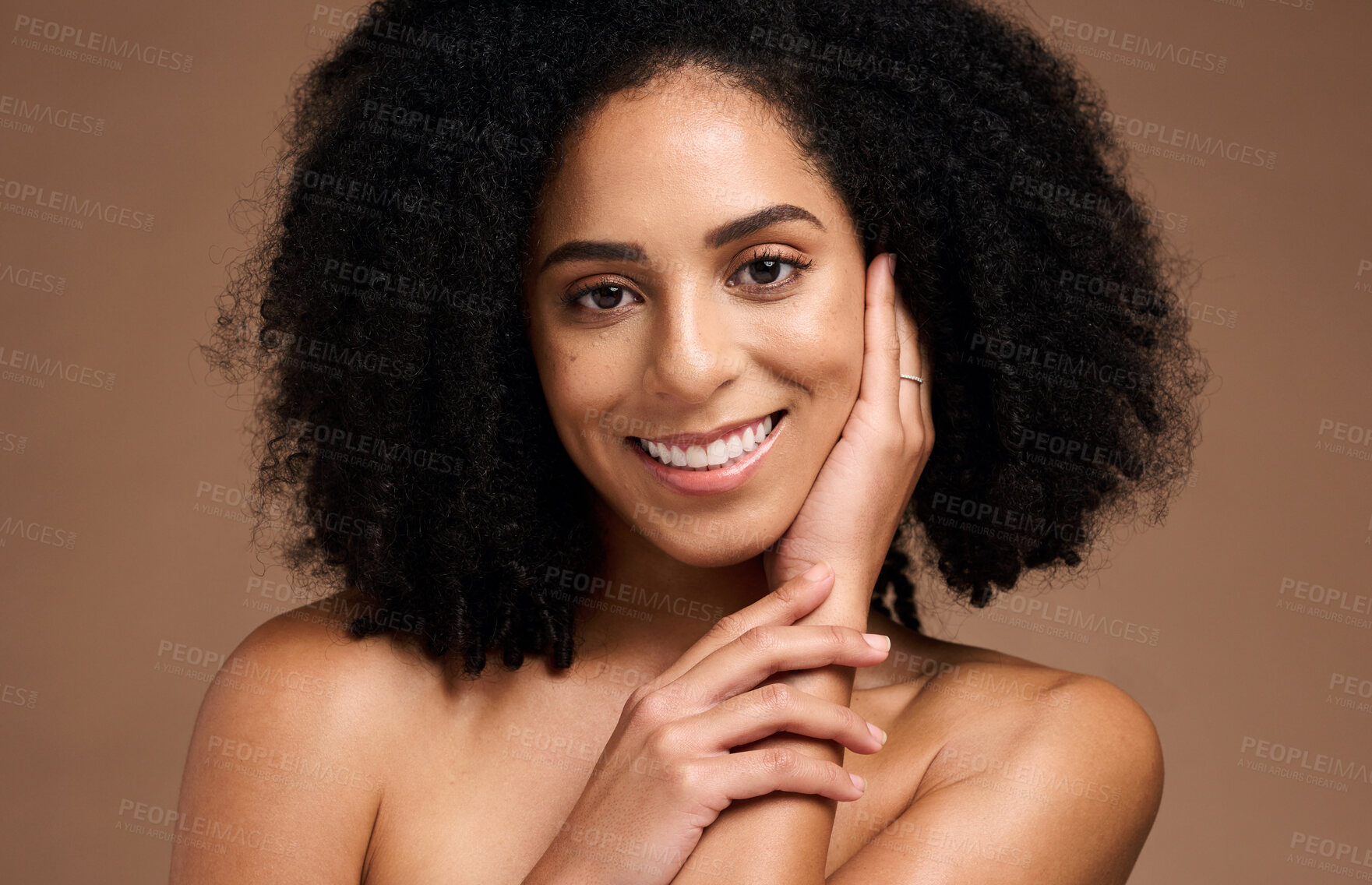Buy stock photo Portrait, hair and black woman with beauty and face, skincare with microblading, smile and teeth whitening against studio background. Healthy skin, glow and natural curly hair, hand and cosmetic care
