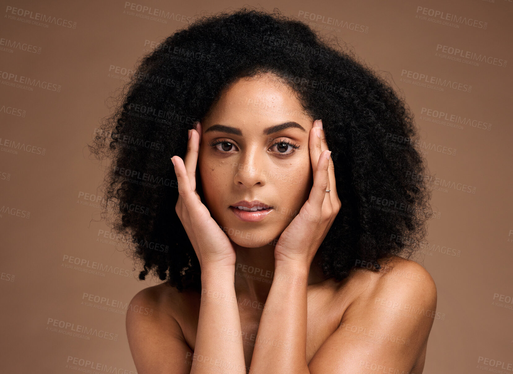 Buy stock photo Skincare, afro and hair portrait of black woman with healthy aesthetic and natural texture. African grooming cosmetics model girl face with beautiful skin glow in brown studio background.

