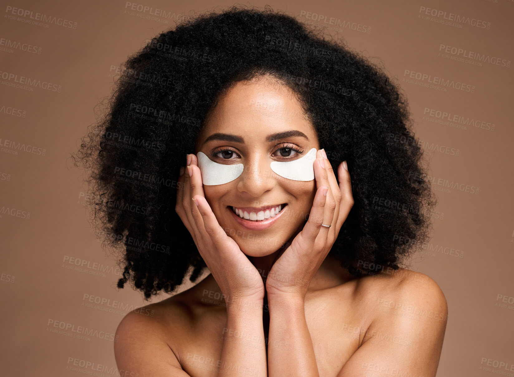 Buy stock photo Beauty, skincare and eye mask with face of black woman for facial, product and spa treatment. Collagen, self care and luxury with girl model and eye patches for wellness, cosmetics and dermatology