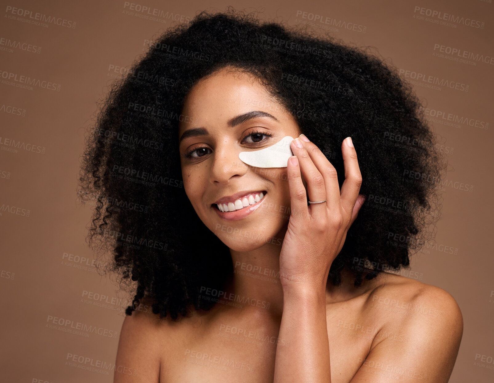 Buy stock photo Beauty, skincare and eye mask with face of black woman for facial, product and spa treatment. Collagen, self care and luxury with girl model and eye patches for wellness, cosmetics and dermatology