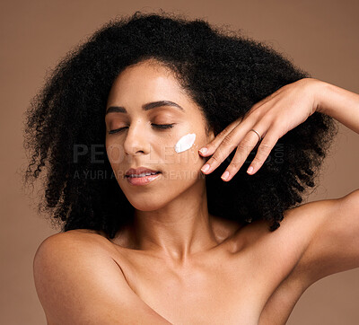Buy stock photo Skincare, black woman and cream for face detox, organic facial and on brown studio background. African American female, girl and lotion for wellness, smooth and clear skin for beauty and cosmetics