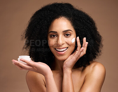 Buy stock photo Cream product, studio and skincare woman in portrait for facial, natural cosmetics or beauty wellness in studio mockup. Black woman model for face sunscreen, collagen or dermatology container in hand