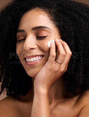 Buy stock photo Black woman, skincare and cream for face, makeup and sunscreen product for wellness, luxury beauty and salon cosmetics. Happy model, facial lotion and natural dermatology, aesthetic and healthy glow