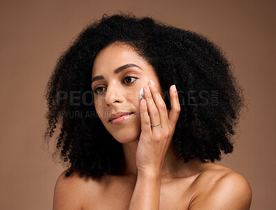 Buy stock photo Face cream, black woman beauty for face, makeup and sunscreen product for wellness, luxury beauty and body cosmetics. Female model, facial lotion and natural skincare, aesthetic and healthy collagen