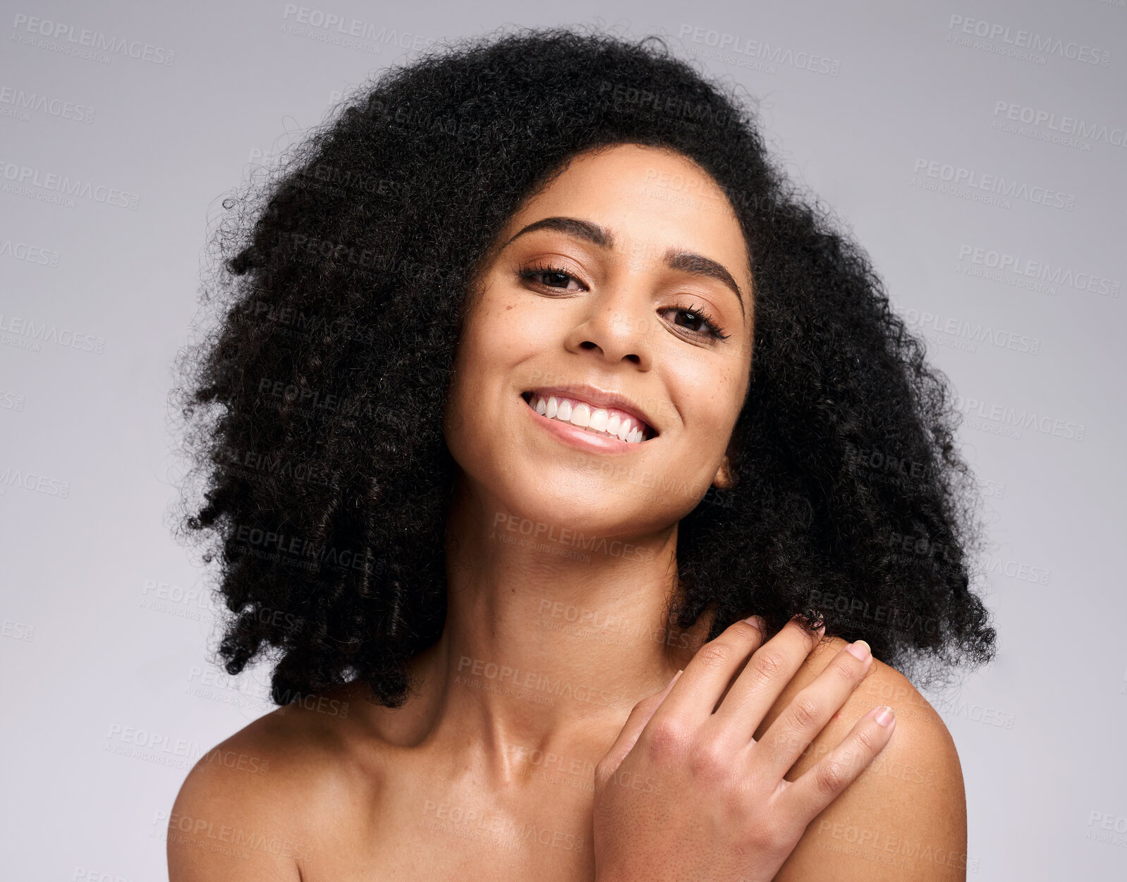Buy stock photo Skincare, beauty and portrait of black woman on gray background for wellness, healthy and glowing skin. Dermatology, luxury spa and face of girl for cosmetics, beauty products and facial treatment