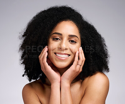 Buy stock photo Beauty, skincare and product with portrait of black woman for facial, self care and luxury cosmetics. Spa, hair care and makeup with face of girl model for treatment, natural and wellness in studio