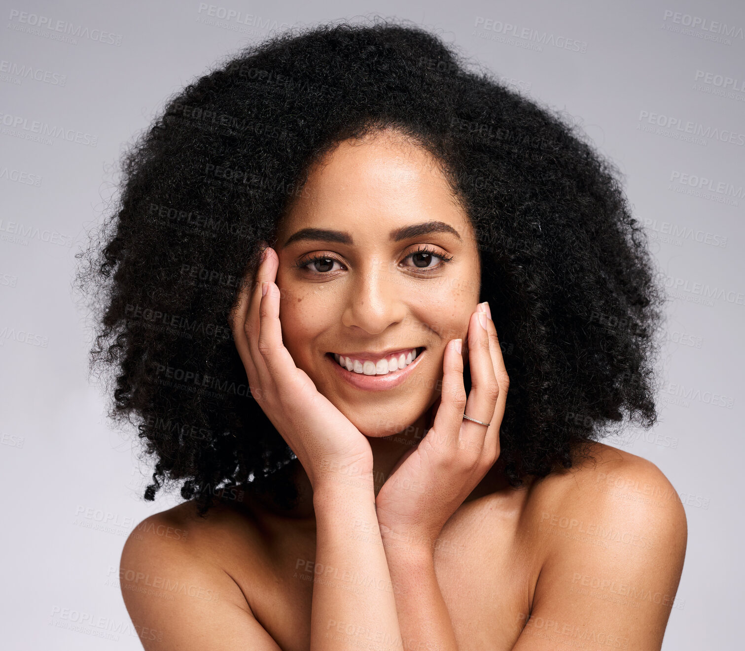 Buy stock photo Beauty, skincare and smile with portrait of black woman for facial, self care and luxury cosmetics. Spa, hair care and makeup with face of girl model for treatment, natural and wellness in studio
