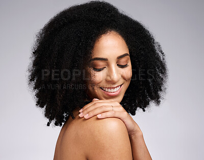 Buy stock photo Body care, wellness and happy black woman in a studio with a beauty, soft and natural skin routine. Skincare, self love and African female model with a cosmetic self care treatment by gray background