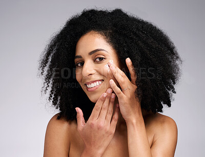 Buy stock photo Portrait, skincare and black woman with cream, face detox and wellness on grey studio background. African American female, girl and lotion for organic facial, cosmetics and natural care for beauty.