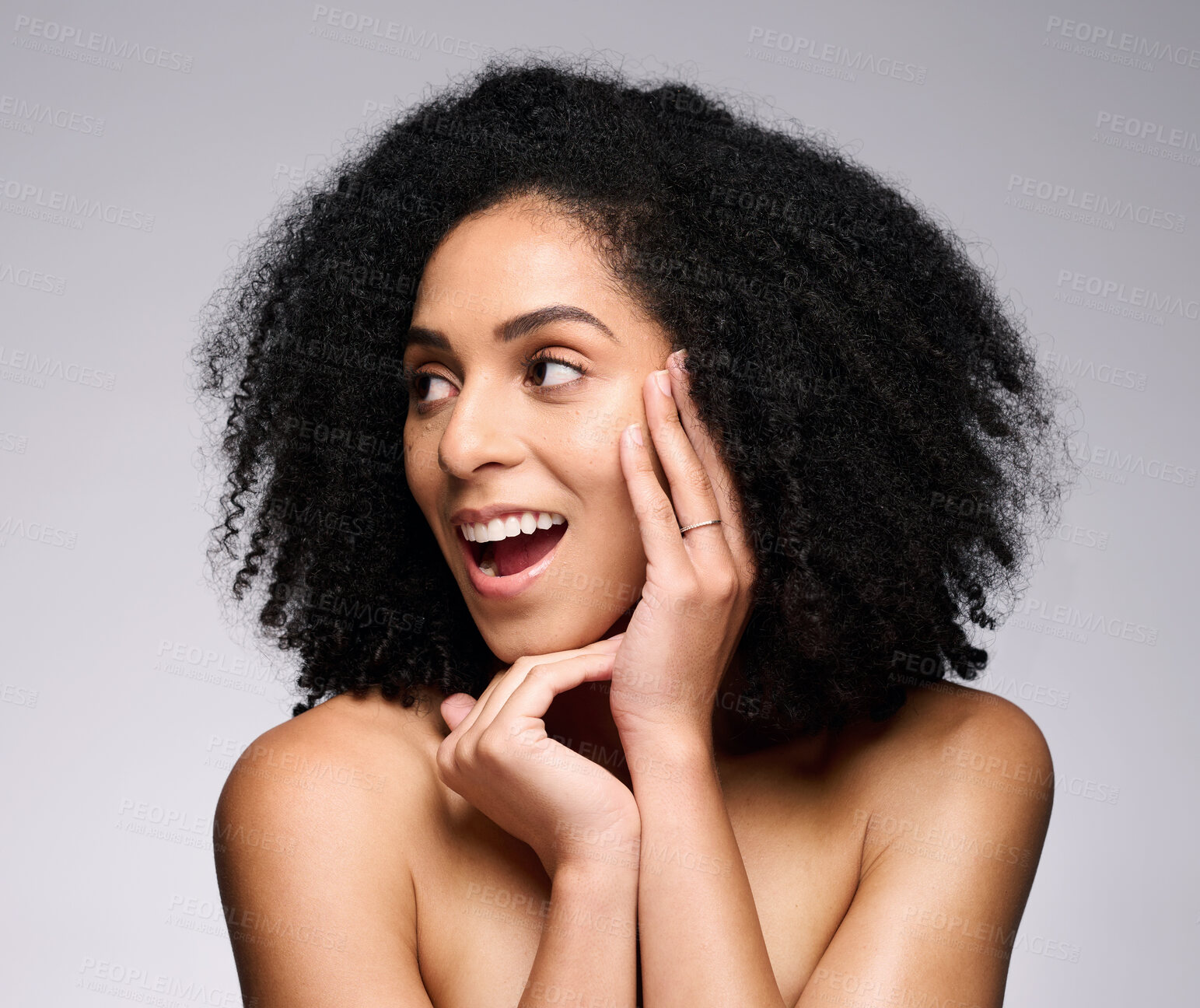 Buy stock photo Face, beauty skincare and surprise of black woman in studio on a gray background. Makeup cosmetics, wow and thinking female model shocked with facial transformation after luxury spa skin treatment.