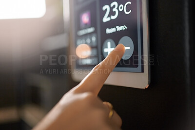 Buy stock photo Smart home system, wall and woman hands with digital app monitor for thermostat heating, temperature control or house automation. Future AI software, ui air conditioning panel and girl with IOT tech
