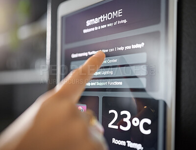 Buy stock photo Smart home technology, wall and hands of woman with digital app monitor for thermostat heating, security network or house automation. AI software system, ui control panel or girl with IOT electronics
