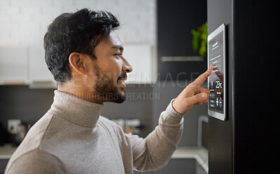 Buy stock photo Smart home technology, wall system and man with digital ui monitor for thermostat heating, safety security network or air conditioning. AI software app, house automation or profile of person with IOT