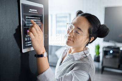 Buy stock photo User interface, technology and Asian woman with security password in office, workspace and building. Biometrics, digital ui and female worker typing on ai system, tablet and cyber security software