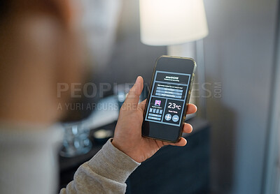 Buy stock photo Smart home technology, app and man with phone dashboard for air conditioning, safety security network or house automation. Software system, digital ui screen or hands of person programming IOT mobile