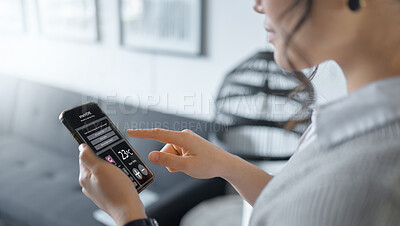 Buy stock photo Closeup, woman and smartphone for connection, social media and communication. Female, girl or hands with cellphone screen, typing or search internet for website, digital or online chatting to connect