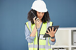 Radio, tablet and construction with a black woman builder talking over a walkie talkie in her office. Building, internet and safety with a female engineer using communication to manage a build site