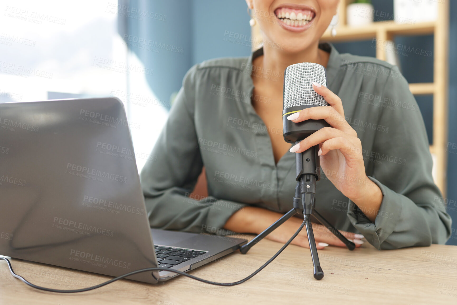 Buy stock photo Laptop, podcast microphone and black woman live streaming business tips in home office. Influencer, broadcast and hand of female podcaster, radio host or presenter recording audio for social media.