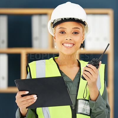 Buy stock photo Construction, walkie talkie and portrait of black woman with tablet for engineering, building and architecture. Leadership, vision and female construction worker with digital tech for communication