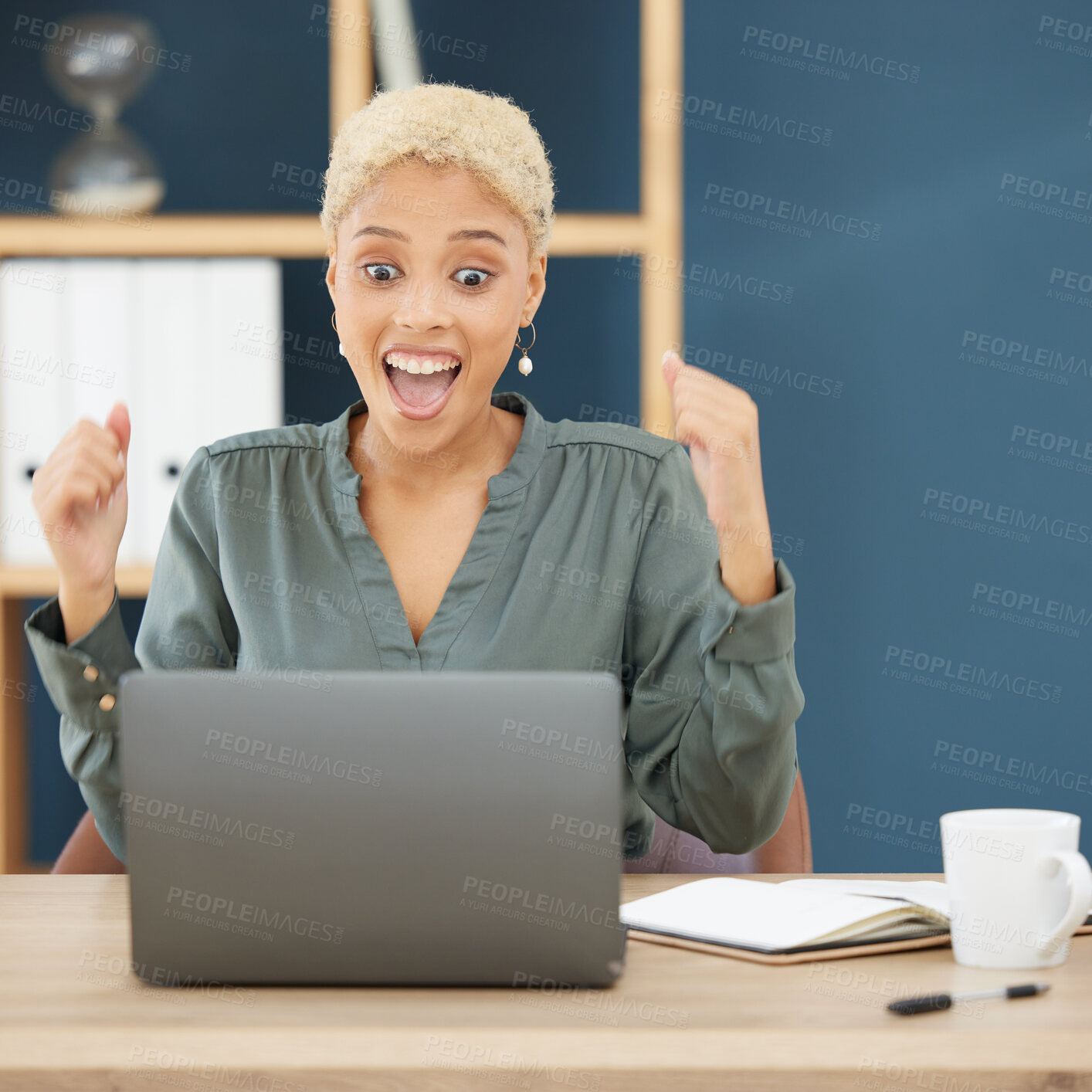 Buy stock photo Wow, successful black woman celebrating at desk in New York business office with shocked face. Happy lawyer reading email on laptop, professional work achievement and corporate success in career