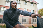 Exercise, black man and stretching legs, outdoor and workout for fitness, wellness and health. African American male, athlete and stretch leg for training, cardio performance and balance for energy