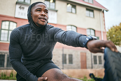 Buy stock photo Exercise, black man and stretching legs, outdoor and workout for fitness, wellness and health. African American male, athlete and stretch leg for training, cardio performance and balance for energy