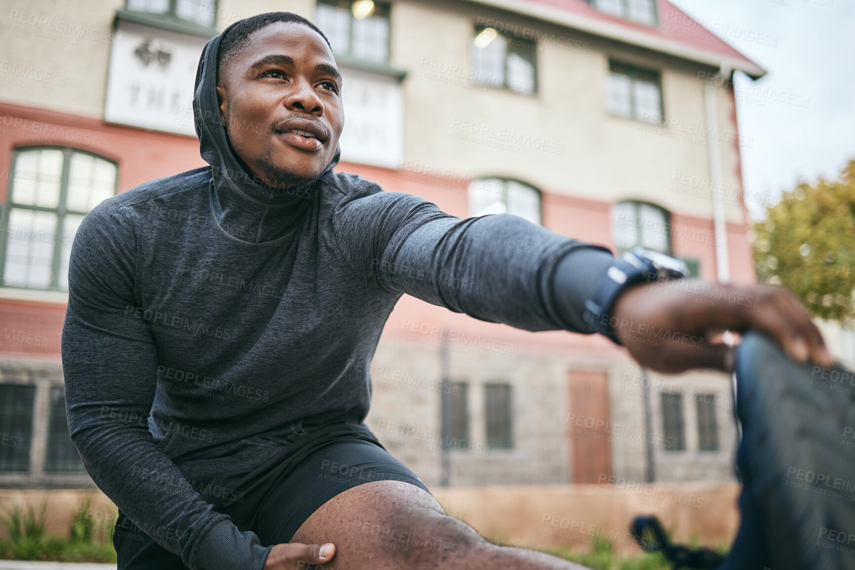 Buy stock photo Exercise, black man and stretching legs, outdoor and workout for fitness, wellness and health. African American male, athlete and stretch leg for training, cardio performance and balance for energy