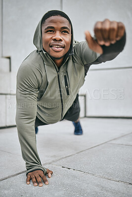 Buy stock photo Strength training, stretching and black man with fitness vision, body balance and health goal in the city of Canada. Commitment, plank and African athlete on stairs for urban workout and cardio