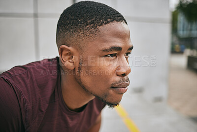 Buy stock photo Breathe, black man face and outdoor fitness break for city workout, wellness exercise and running. Runner, breathing and relax for sports training with motivation, focus mindset and thinking of goals