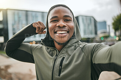 Buy stock photo Fitness, selfie or happy black man with muscle smiles with pride after training, exercise or workout in city. Portrait, mindset or healthy sports athlete with body goals, strong motivation or mission