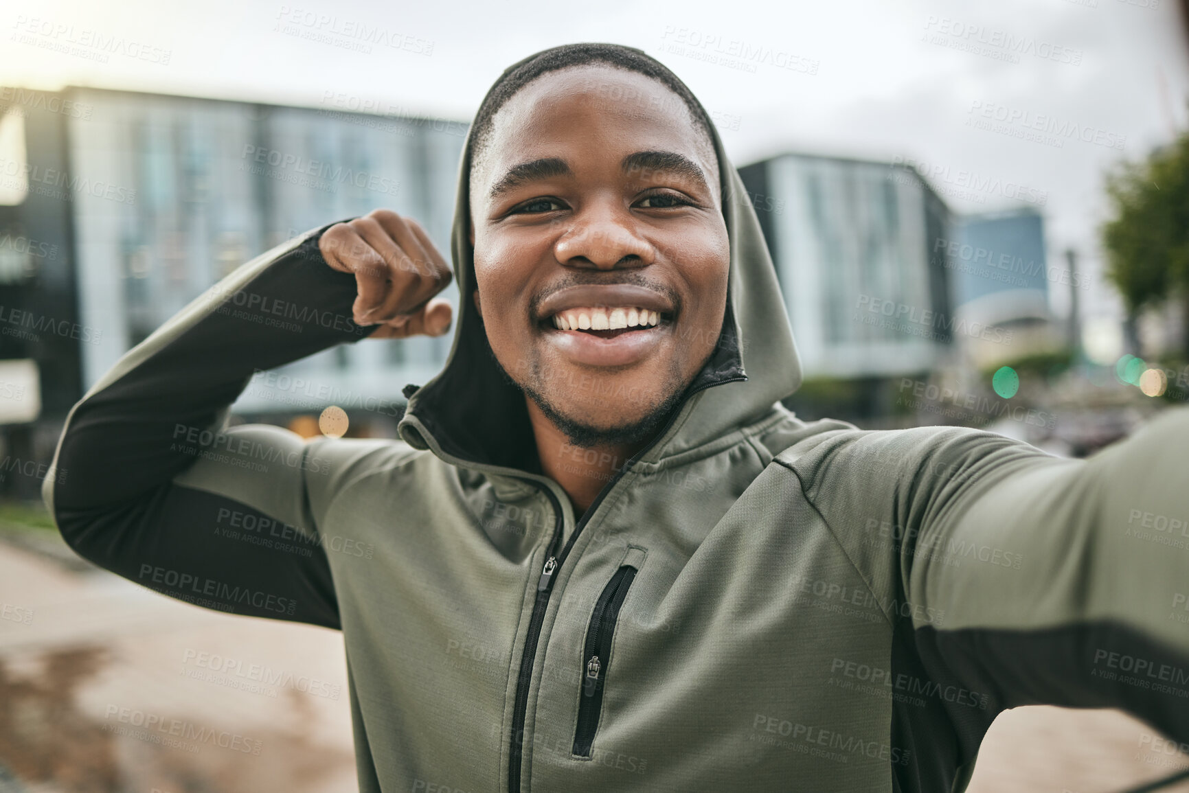 Buy stock photo Fitness, selfie or happy black man with muscle smiles with pride after training, exercise or workout in city. Portrait, mindset or healthy sports athlete with body goals, strong motivation or mission