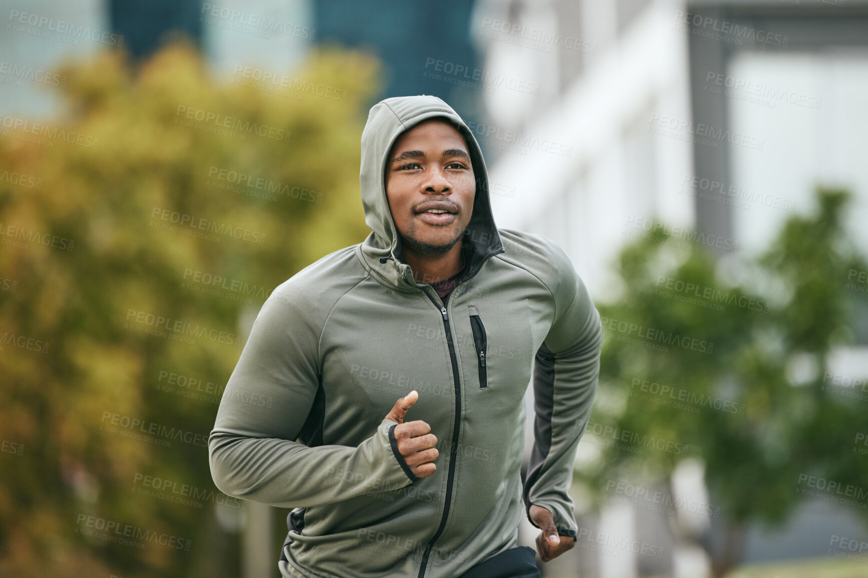 Buy stock photo Fitness, runner or black man running in city for body training, exercise or workout with focus in Miami, Florida. Freedom, mindset or healthy sports athlete with wellness goals, motivation or mission