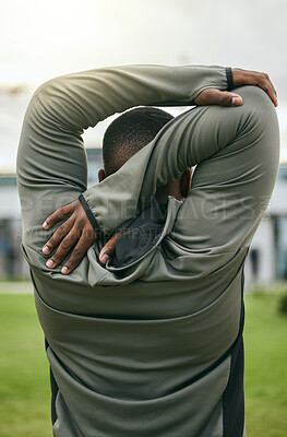 Buy stock photo Fitness, back and stretching with a sports black man outdoor for a warm up before exercise or workout. Park, training and goals with a male athlete getting ready to run on a field for cardio