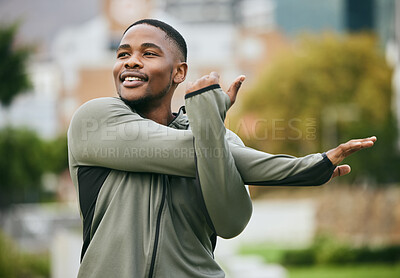 Buy stock photo Fitness, stretching and black man in park for workout, training or running motivation, energy and sports mindset. Warmup, exercise and runner thinking of cardio, outdoor run goals and muscle health