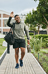 Fitness, happy or black man walking to gym for body training, exercise or workout with a duffle bag in Miami, Florida. Smile, traveling or healthy sports athlete with goals, motivation or pride